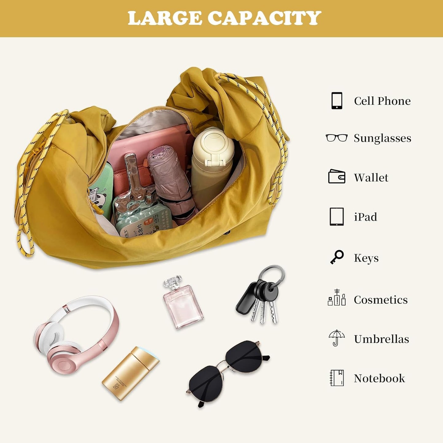 Slouchy Large Nylon Hobo Bag for Women Drawstring Adjustable Crossbody Shoulder Tote Bag Travel Beach Gym College