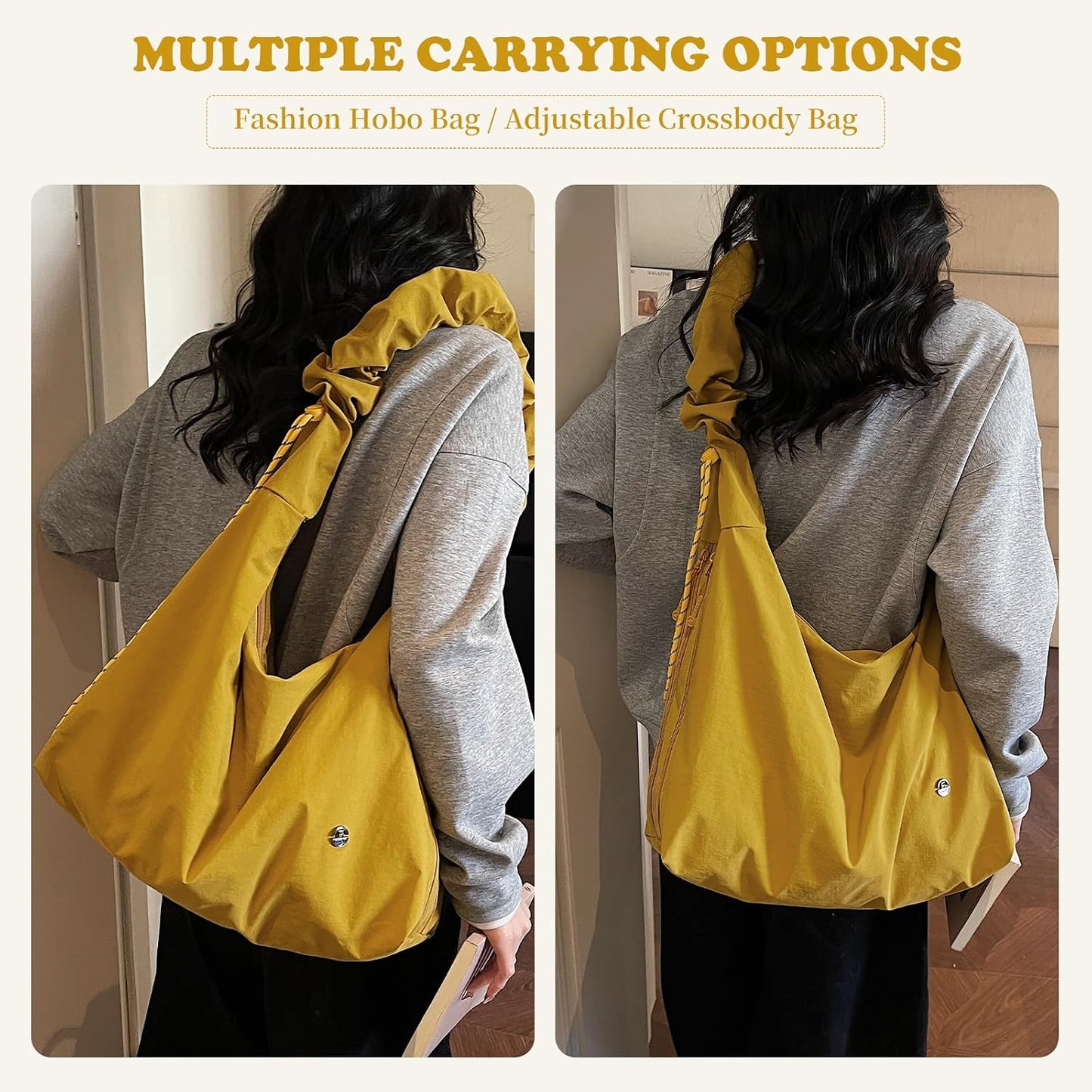 Slouchy Large Nylon Hobo Bag for Women Drawstring Adjustable Crossbody Shoulder Tote Bag Travel Beach Gym College