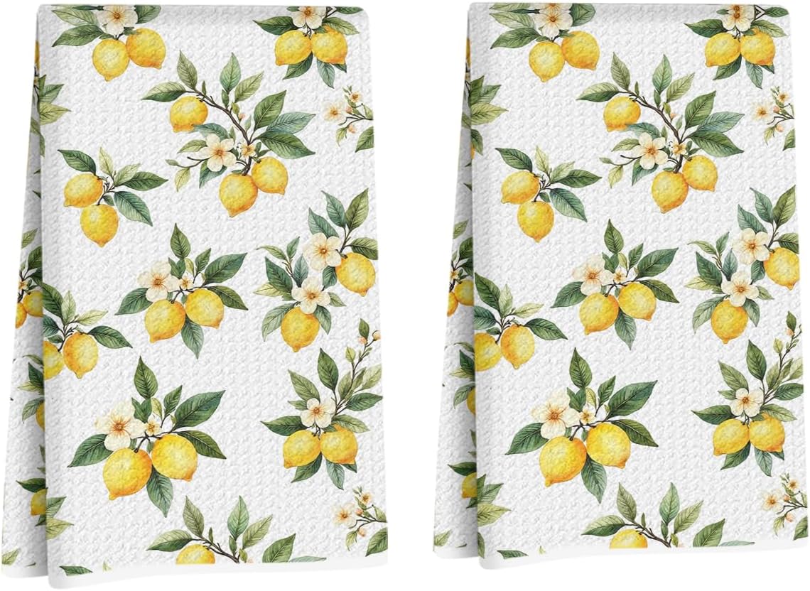 2 Pcs Rustic Lemon Kitchen Towels, Summer Flower Decorative Absorbent Microfiber Dish Cloth Tea Towel, Waffle Soft Hand Towels for Farmhouse Home Bathroom Kitchen Decor, Lemon Gifts