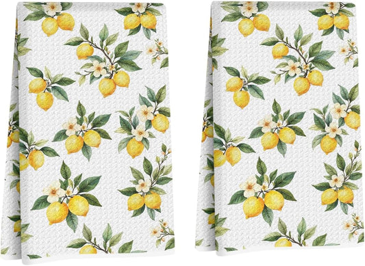 2 Pcs Rustic Lemon Kitchen Towels, Summer Flower Decorative Absorbent Microfiber Dish Cloth Tea Towel, Waffle Soft Hand Towels for Farmhouse Home Bathroom Kitchen Decor, Lemon Gifts