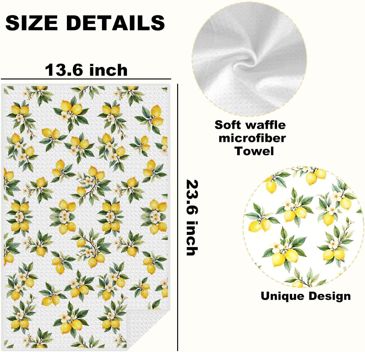 2 Pcs Rustic Lemon Kitchen Towels, Summer Flower Decorative Absorbent Microfiber Dish Cloth Tea Towel, Waffle Soft Hand Towels for Farmhouse Home Bathroom Kitchen Decor, Lemon Gifts