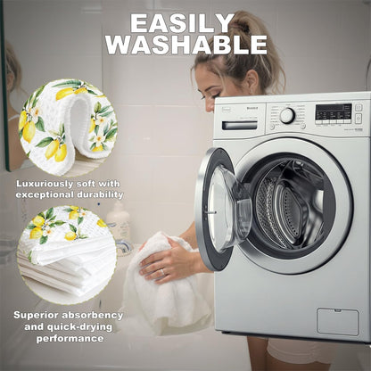 2 Pcs Rustic Lemon Kitchen Towels, Summer Flower Decorative Absorbent Microfiber Dish Cloth Tea Towel, Waffle Soft Hand Towels for Farmhouse Home Bathroom Kitchen Decor, Lemon Gifts