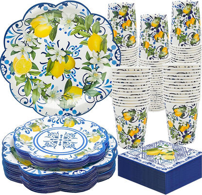 100Pcs Capri Lemon Party Supplies Blue Tiles Yellow Lemon Scalloped Party Plates Set 9"&7"Capri Lemon Paper Plates and Napkins Cups for Baby Shower Holiday Birthday Party Decorations Serves 25