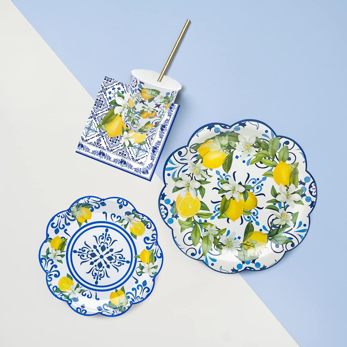 100Pcs Capri Lemon Party Supplies Blue Tiles Yellow Lemon Scalloped Party Plates Set 9"&7"Capri Lemon Paper Plates and Napkins Cups for Baby Shower Holiday Birthday Party Decorations Serves 25