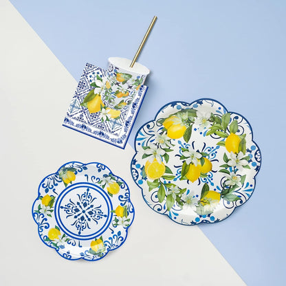 100Pcs Capri Lemon Party Supplies Blue Tiles Yellow Lemon Scalloped Party Plates Set 9"&7"Capri Lemon Paper Plates and Napkins Cups for Baby Shower Holiday Birthday Party Decorations Serves 25