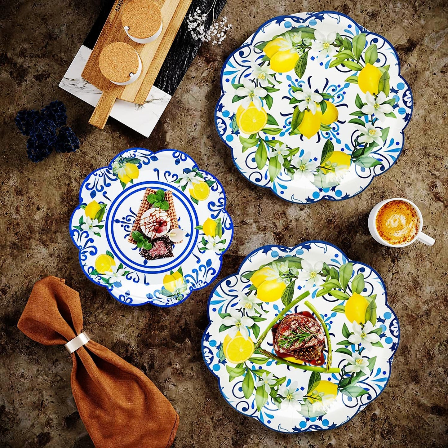 100Pcs Capri Lemon Party Supplies Blue Tiles Yellow Lemon Scalloped Party Plates Set 9"&7"Capri Lemon Paper Plates and Napkins Cups for Baby Shower Holiday Birthday Party Decorations Serves 25