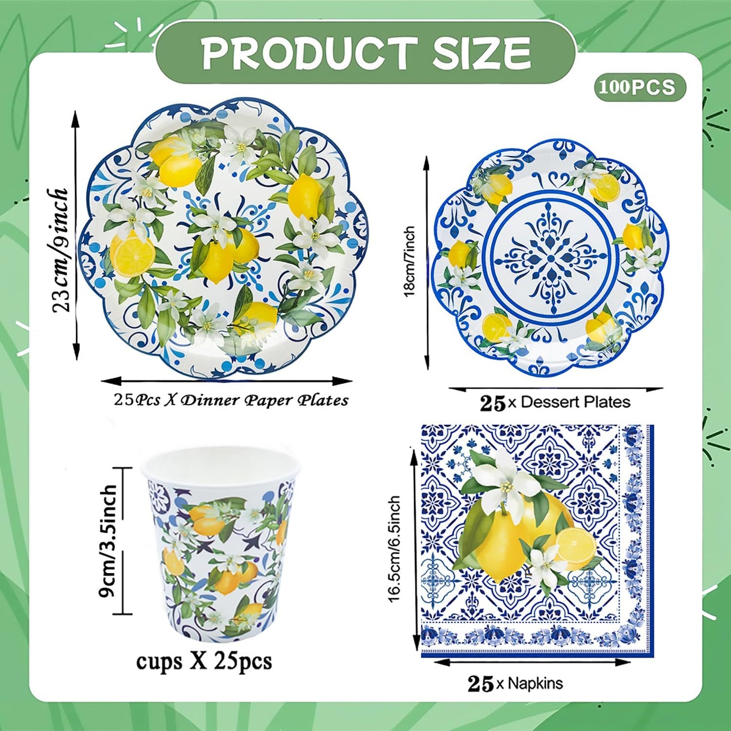 100Pcs Capri Lemon Party Supplies Blue Tiles Yellow Lemon Scalloped Party Plates Set 9"&7"Capri Lemon Paper Plates and Napkins Cups for Baby Shower Holiday Birthday Party Decorations Serves 25
