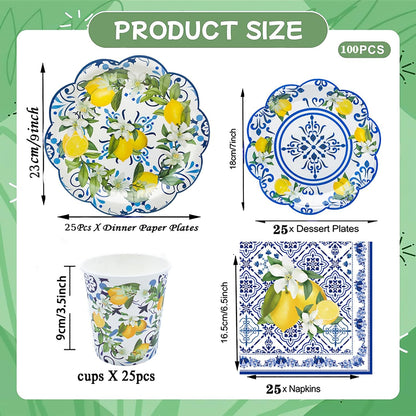 100Pcs Capri Lemon Party Supplies Blue Tiles Yellow Lemon Scalloped Party Plates Set 9"&7"Capri Lemon Paper Plates and Napkins Cups for Baby Shower Holiday Birthday Party Decorations Serves 25