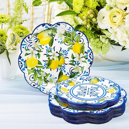 100Pcs Capri Lemon Party Supplies Blue Tiles Yellow Lemon Scalloped Party Plates Set 9"&7"Capri Lemon Paper Plates and Napkins Cups for Baby Shower Holiday Birthday Party Decorations Serves 25