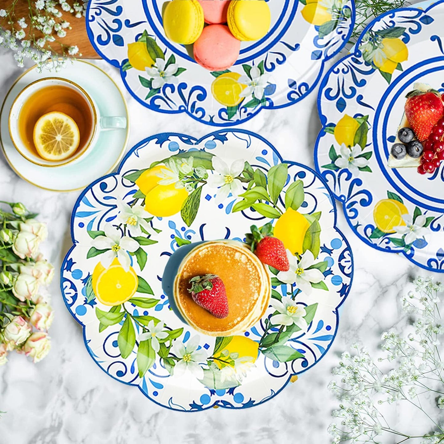 100Pcs Capri Lemon Party Supplies Blue Tiles Yellow Lemon Scalloped Party Plates Set 9"&7"Capri Lemon Paper Plates and Napkins Cups for Baby Shower Holiday Birthday Party Decorations Serves 25