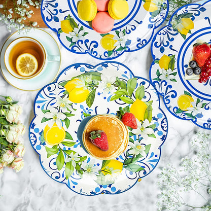 100Pcs Capri Lemon Party Supplies Blue Tiles Yellow Lemon Scalloped Party Plates Set 9"&7"Capri Lemon Paper Plates and Napkins Cups for Baby Shower Holiday Birthday Party Decorations Serves 25