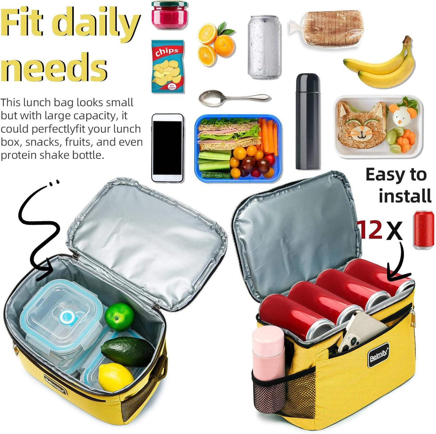 BEIMILY Lunch Box for Men/Women,Small Insulated Lunch Bag Tote,Small Lunch Bag for Work,Adult Lunch Box,Reusable Leakproof Soft Cooler Bag with Adjustable Shoulder Strap (Yellow)