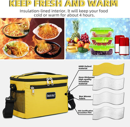 BEIMILY Lunch Box for Men/Women,Small Insulated Lunch Bag Tote,Small Lunch Bag for Work,Adult Lunch Box,Reusable Leakproof Soft Cooler Bag with Adjustable Shoulder Strap (Yellow)