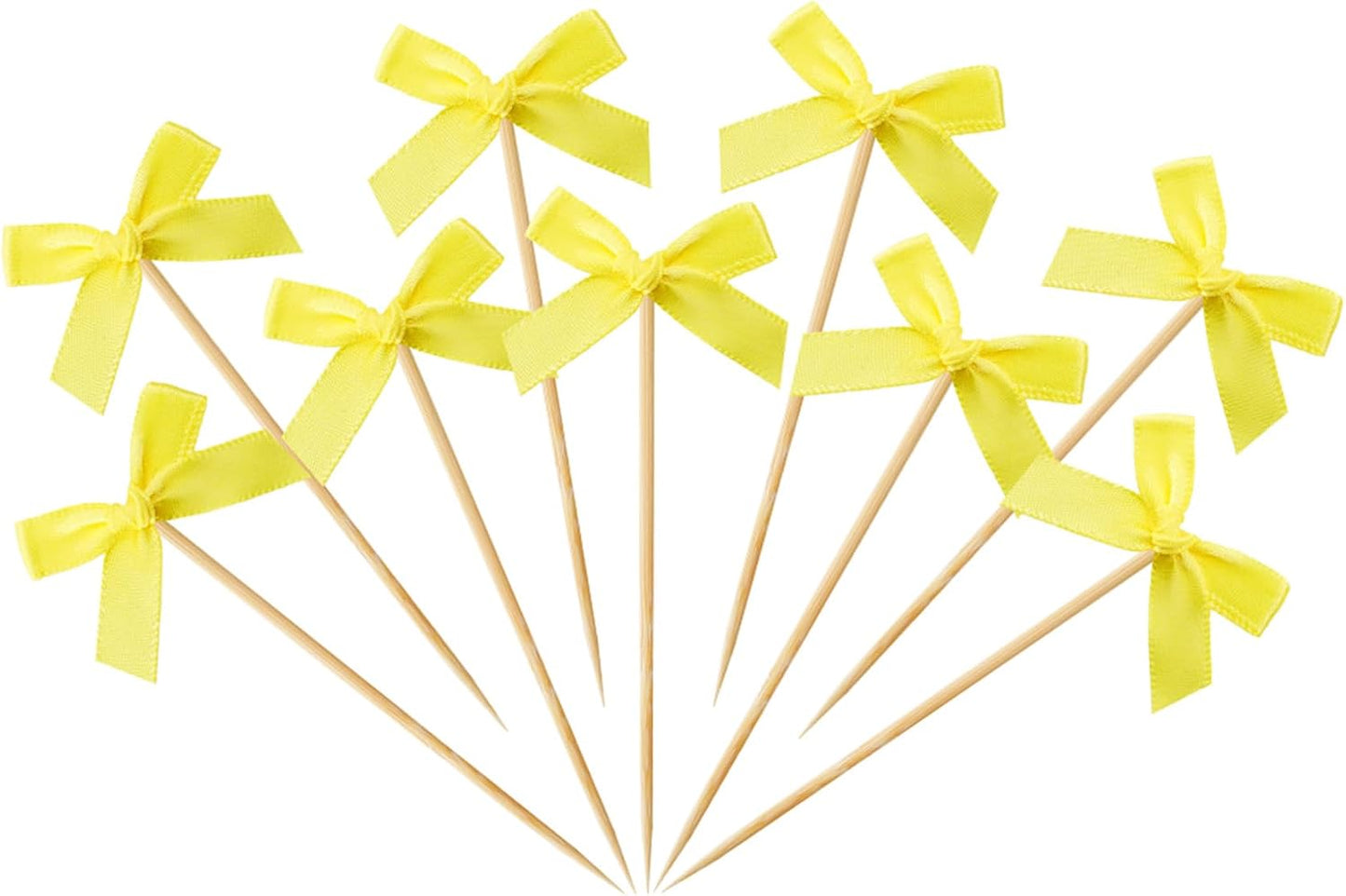 100 PCS Yellow Bow Cocktail Picks Bamboo Toothpicks for Appetizers, Bow Party Picks Bulk for Fruit Drink Dessert Cake, Cute Toothpicks for Bachelorette Galentines Engagement Birthday Party Decor