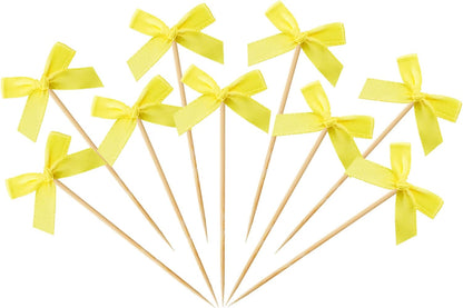 100 PCS Yellow Bow Cocktail Picks Bamboo Toothpicks for Appetizers, Bow Party Picks Bulk for Fruit Drink Dessert Cake, Cute Toothpicks for Bachelorette Galentines Engagement Birthday Party Decor