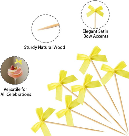 100 PCS Yellow Bow Cocktail Picks Bamboo Toothpicks for Appetizers, Bow Party Picks Bulk for Fruit Drink Dessert Cake, Cute Toothpicks for Bachelorette Galentines Engagement Birthday Party Decor