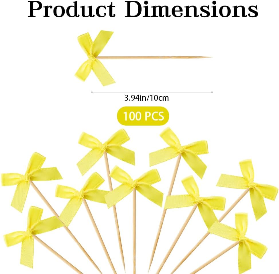 100 PCS Yellow Bow Cocktail Picks Bamboo Toothpicks for Appetizers, Bow Party Picks Bulk for Fruit Drink Dessert Cake, Cute Toothpicks for Bachelorette Galentines Engagement Birthday Party Decor