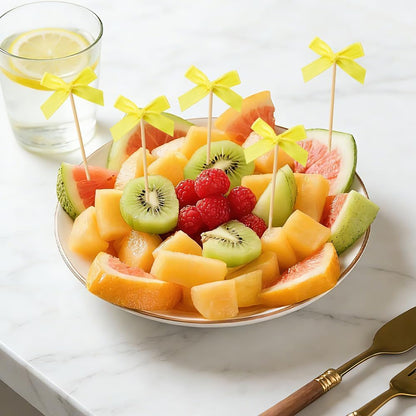 100 PCS Yellow Bow Cocktail Picks Bamboo Toothpicks for Appetizers, Bow Party Picks Bulk for Fruit Drink Dessert Cake, Cute Toothpicks for Bachelorette Galentines Engagement Birthday Party Decor