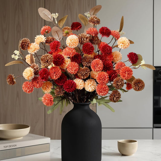 16 PCS Silk Mums Artificial Fall Flowers with Eucalyptus for Vase | Fake Chrysanthemum Floral for Dining Table Centerpiece Home Decoration Indoor, Boho Modern Farmhouse Neutral Decor Mix Orange