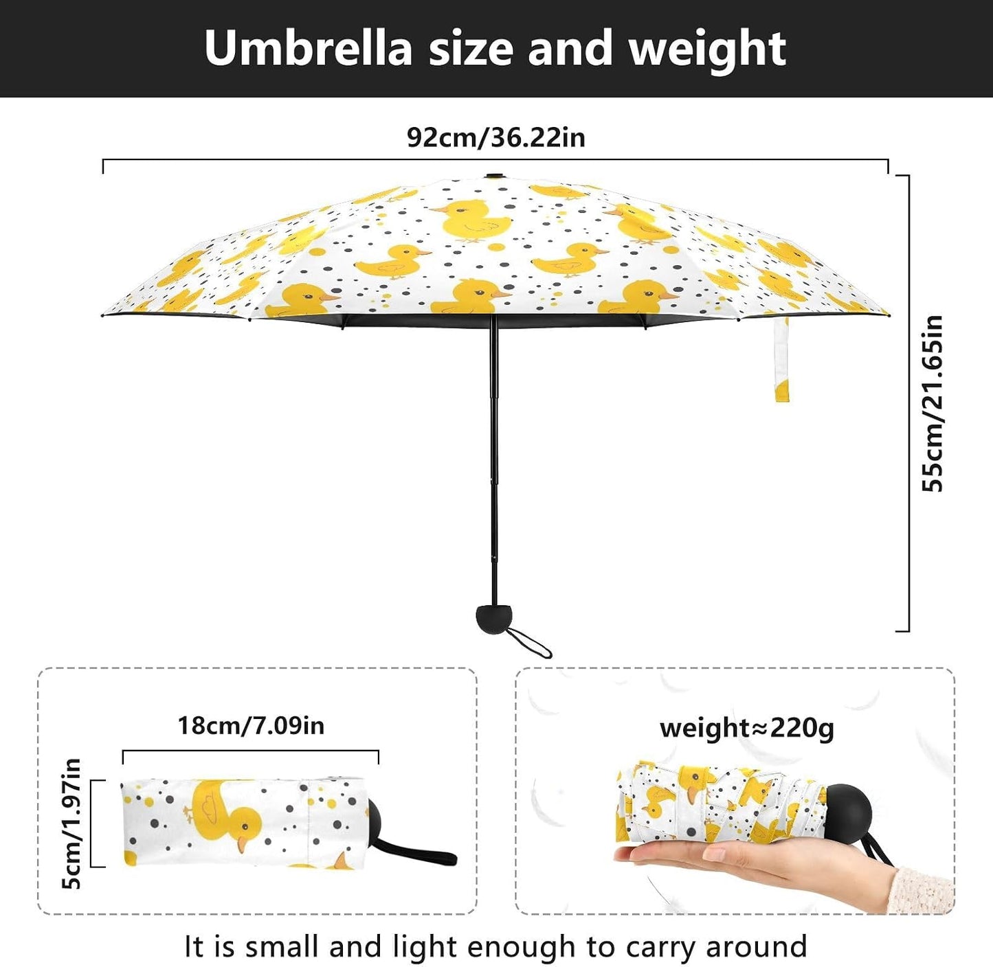 Yellow Duck Polka Dot Folding Umbrella for Rain Sun Travel Mini Lightweight Compact Umbrellas