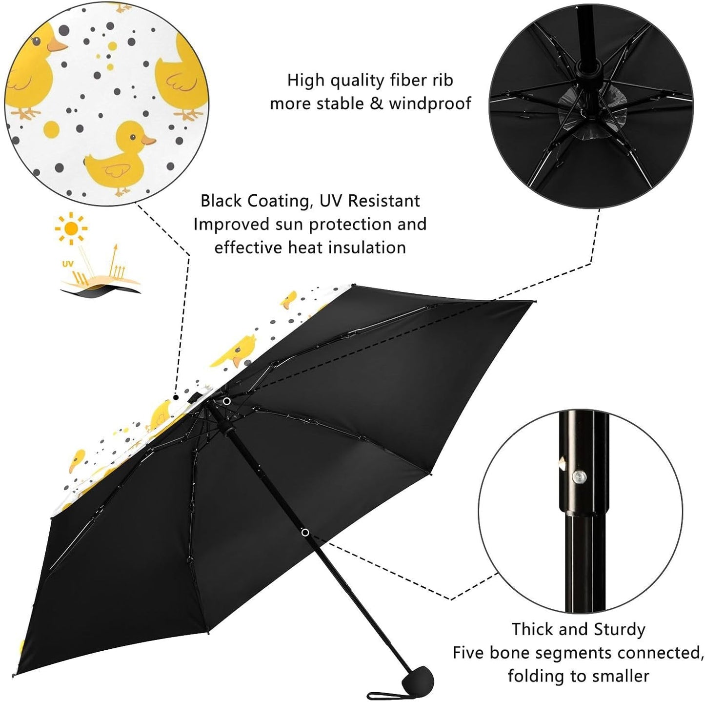 Yellow Duck Polka Dot Folding Umbrella for Rain Sun Travel Mini Lightweight Compact Umbrellas