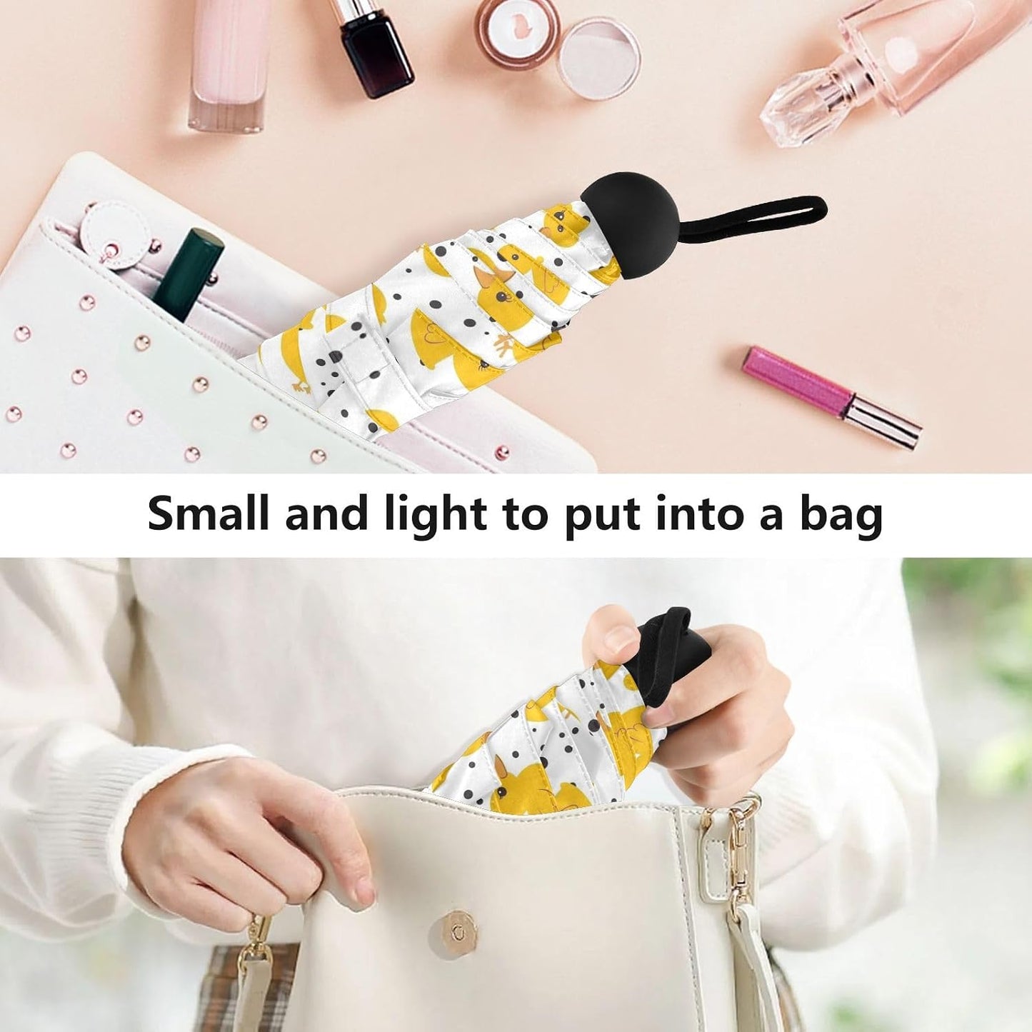 Yellow Duck Polka Dot Folding Umbrella for Rain Sun Travel Mini Lightweight Compact Umbrellas