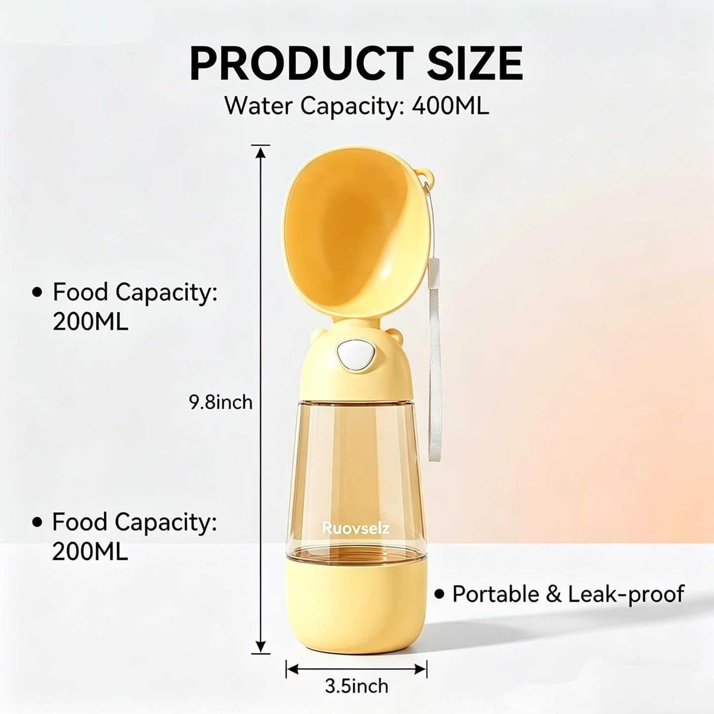 2-in-1 Dog Water Bottle, 400ML Water + 200ML Food Leak-Proof Pet Travel Water Dispenser with Detachable Bowl, BPA-Free Portable Dog Water Bottle for Walking, Hiking, Travel (Yellow)