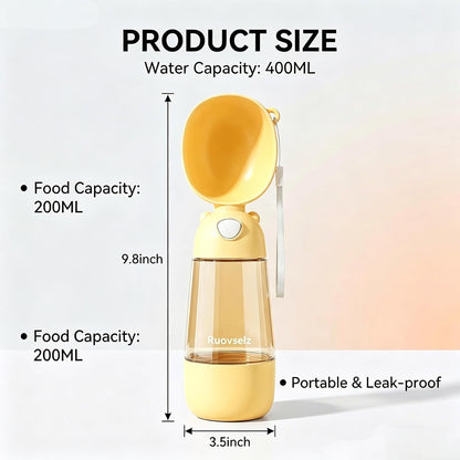 2-in-1 Dog Water Bottle, 400ML Water + 200ML Food Leak-Proof Pet Travel Water Dispenser with Detachable Bowl, BPA-Free Portable Dog Water Bottle for Walking, Hiking, Travel (Yellow)