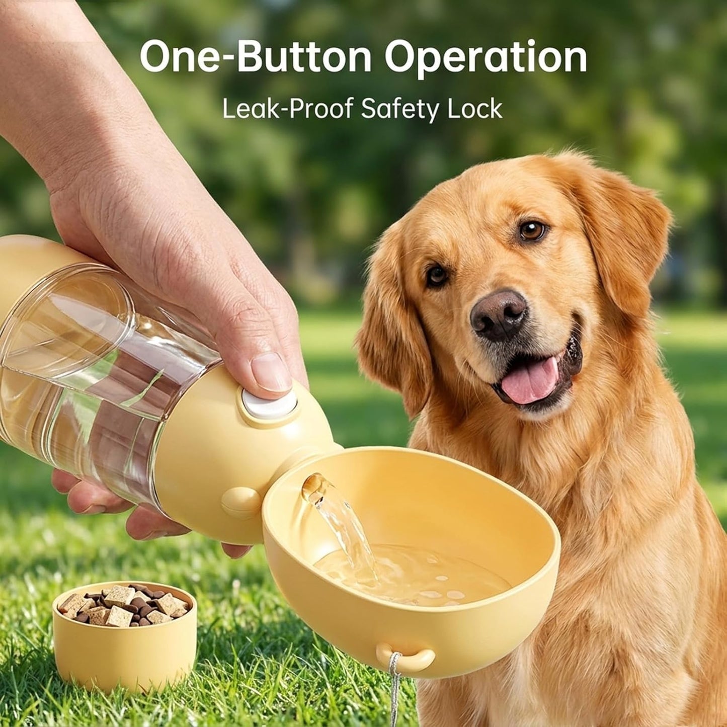 2-in-1 Dog Water Bottle, 400ML Water + 200ML Food Leak-Proof Pet Travel Water Dispenser with Detachable Bowl, BPA-Free Portable Dog Water Bottle for Walking, Hiking, Travel (Yellow)