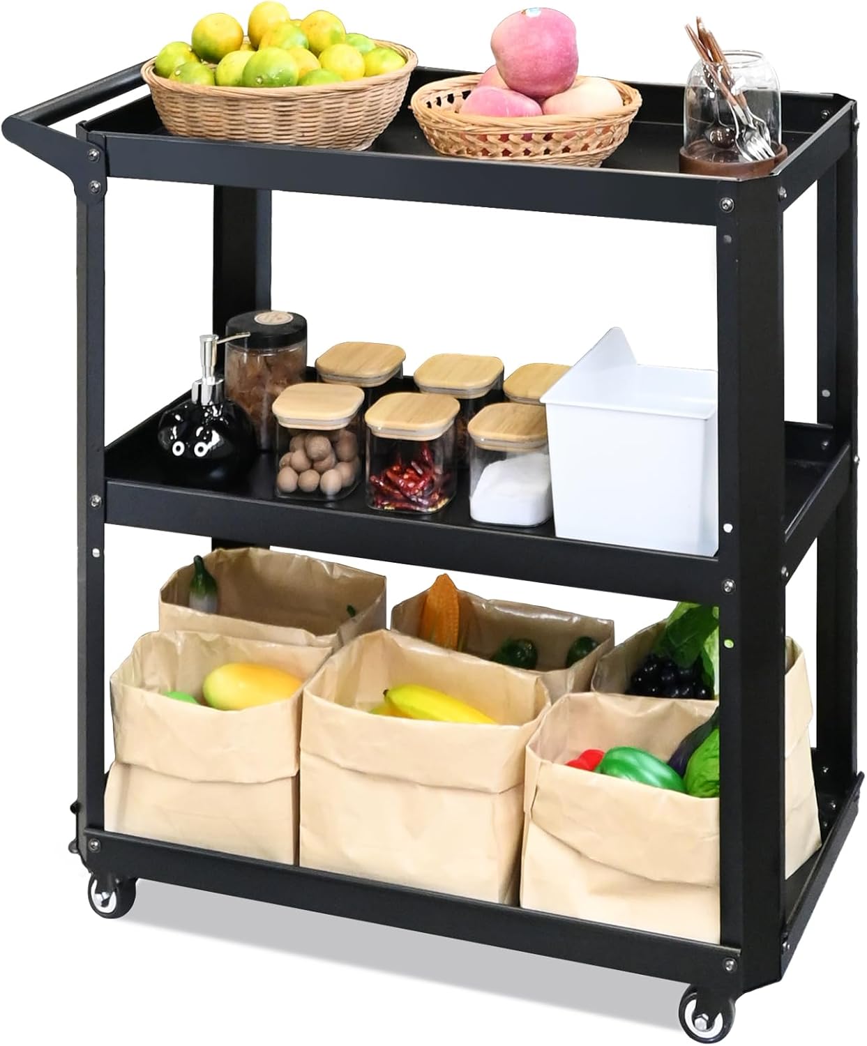 3 Tier Metal Utility Rolling Cart with Wheels, Yellow | Heavy Duty Storage Organizer, 330Lbs Capacity, Multi-Purpose, For Kitchen, Bathroom, Office, Bedroom