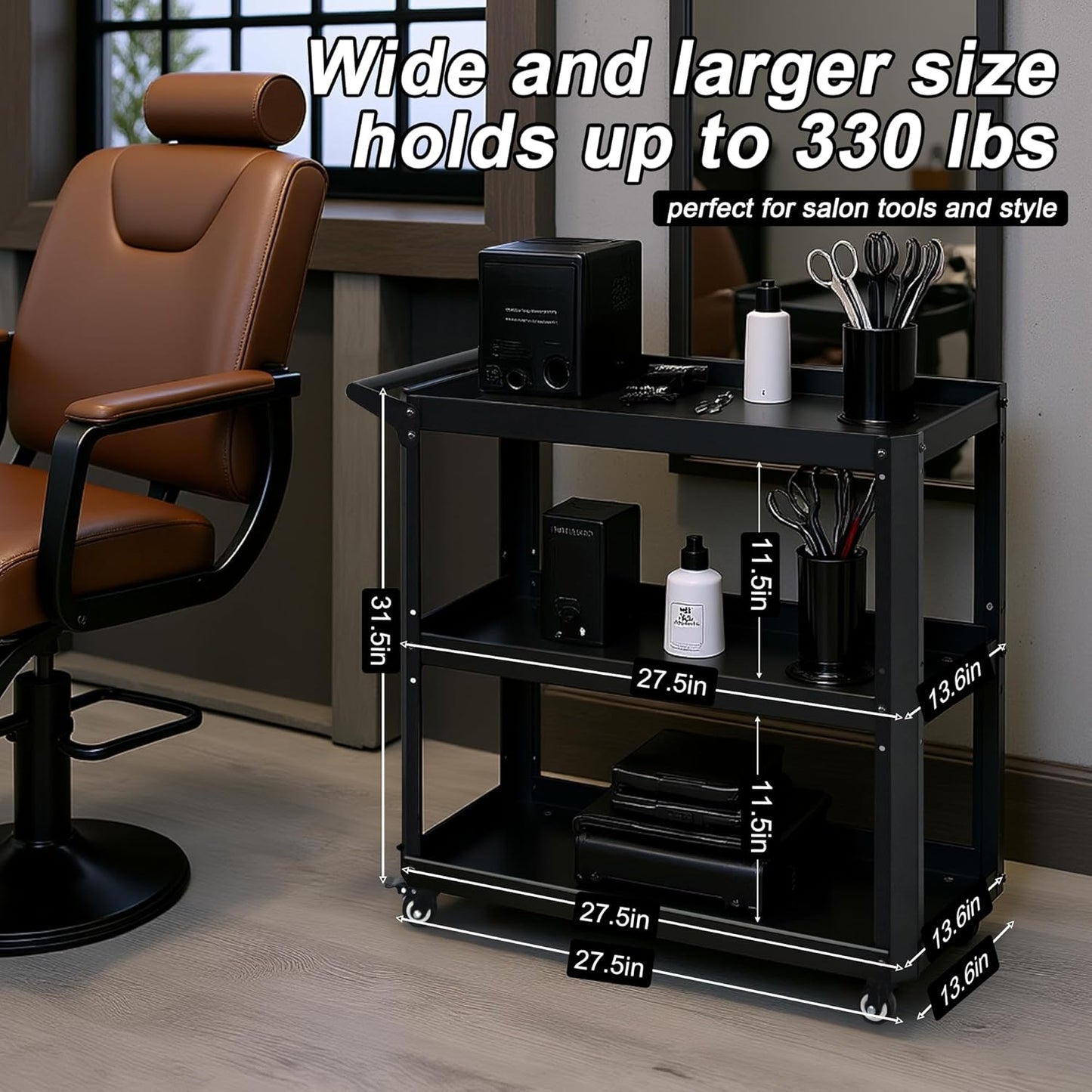 3 Tier Metal Utility Rolling Cart with Wheels, Yellow | Heavy Duty Storage Organizer, 330Lbs Capacity, Multi-Purpose, For Kitchen, Bathroom, Office, Bedroom