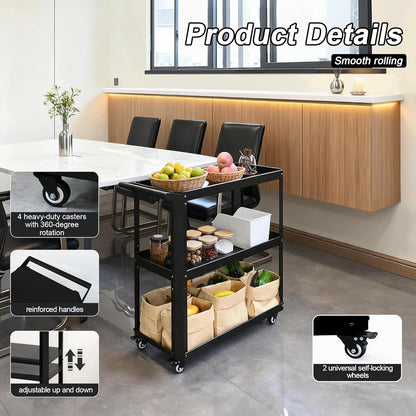 3 Tier Metal Utility Rolling Cart with Wheels, Yellow | Heavy Duty Storage Organizer, 330Lbs Capacity, Multi-Purpose, For Kitchen, Bathroom, Office, Bedroom