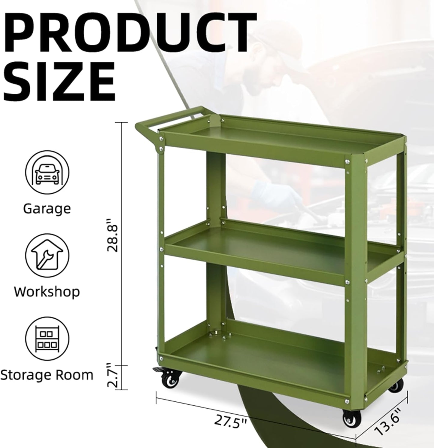 3 Tier Metal Utility Rolling Cart with Wheels, Yellow | Heavy Duty Storage Organizer, 330Lbs Capacity, Multi-Purpose, For Kitchen, Bathroom, Office, Bedroom