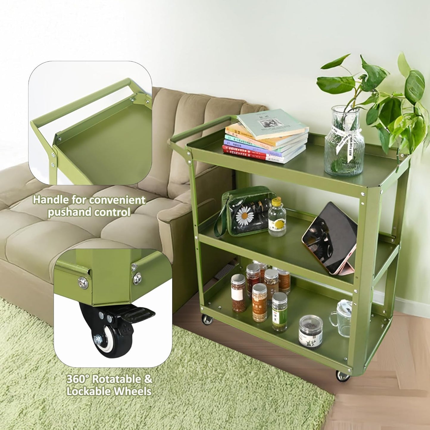 3 Tier Metal Utility Rolling Cart with Wheels, Yellow | Heavy Duty Storage Organizer, 330Lbs Capacity, Multi-Purpose, For Kitchen, Bathroom, Office, Bedroom