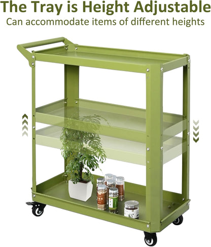 3 Tier Metal Utility Rolling Cart with Wheels, Yellow | Heavy Duty Storage Organizer, 330Lbs Capacity, Multi-Purpose, For Kitchen, Bathroom, Office, Bedroom