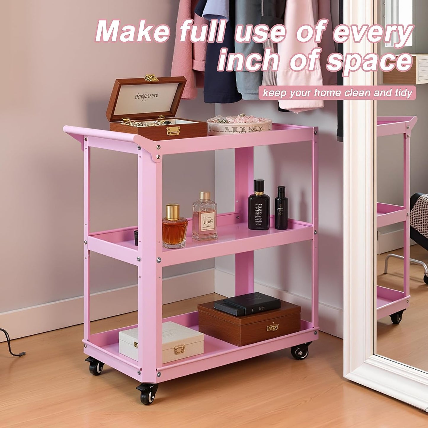 3 Tier Metal Utility Rolling Cart with Wheels, Yellow | Heavy Duty Storage Organizer, 330Lbs Capacity, Multi-Purpose, For Kitchen, Bathroom, Office, Bedroom