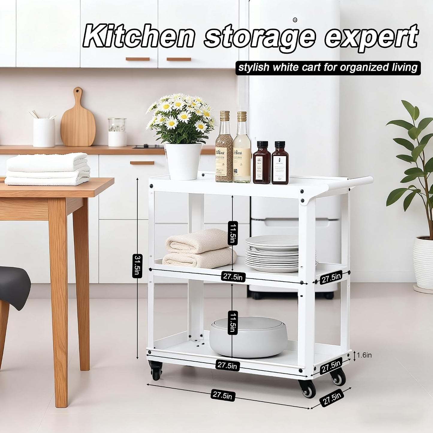 3 Tier Metal Utility Rolling Cart with Wheels, Yellow | Heavy Duty Storage Organizer, 330Lbs Capacity, Multi-Purpose, For Kitchen, Bathroom, Office, Bedroom