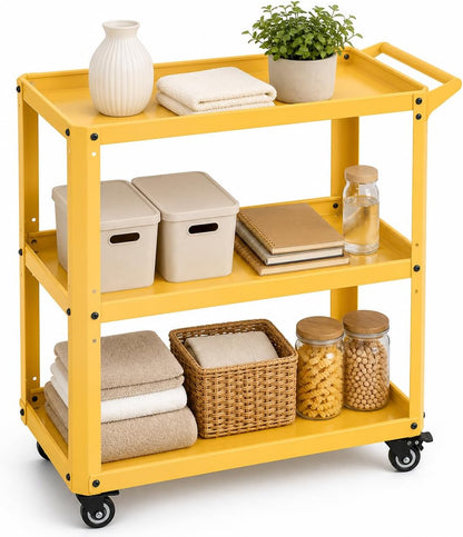 3 Tier Metal Utility Rolling Cart with Wheels, Yellow | Heavy Duty Storage Organizer, 330Lbs Capacity, Multi-Purpose, For Kitchen, Bathroom, Office, Bedroom