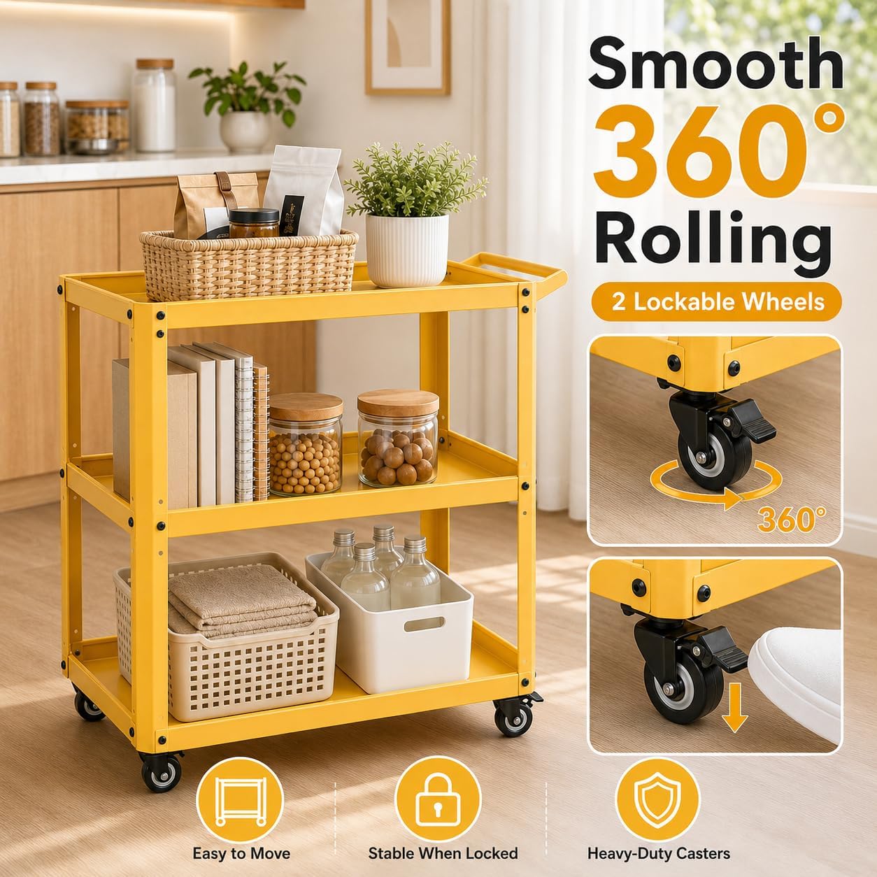 3 Tier Metal Utility Rolling Cart with Wheels, Yellow | Heavy Duty Storage Organizer, 330Lbs Capacity, Multi-Purpose, For Kitchen, Bathroom, Office, Bedroom
