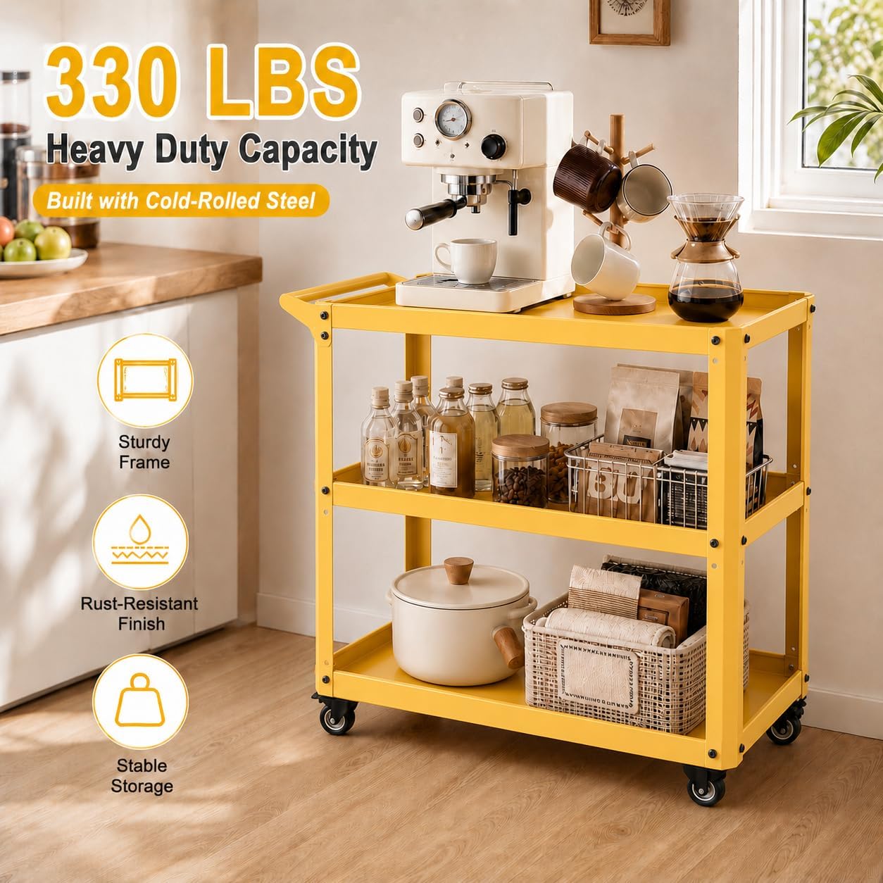 3 Tier Metal Utility Rolling Cart with Wheels, Yellow | Heavy Duty Storage Organizer, 330Lbs Capacity, Multi-Purpose, For Kitchen, Bathroom, Office, Bedroom