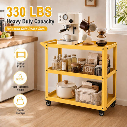 3 Tier Metal Utility Rolling Cart with Wheels, Yellow | Heavy Duty Storage Organizer, 330Lbs Capacity, Multi-Purpose, For Kitchen, Bathroom, Office, Bedroom