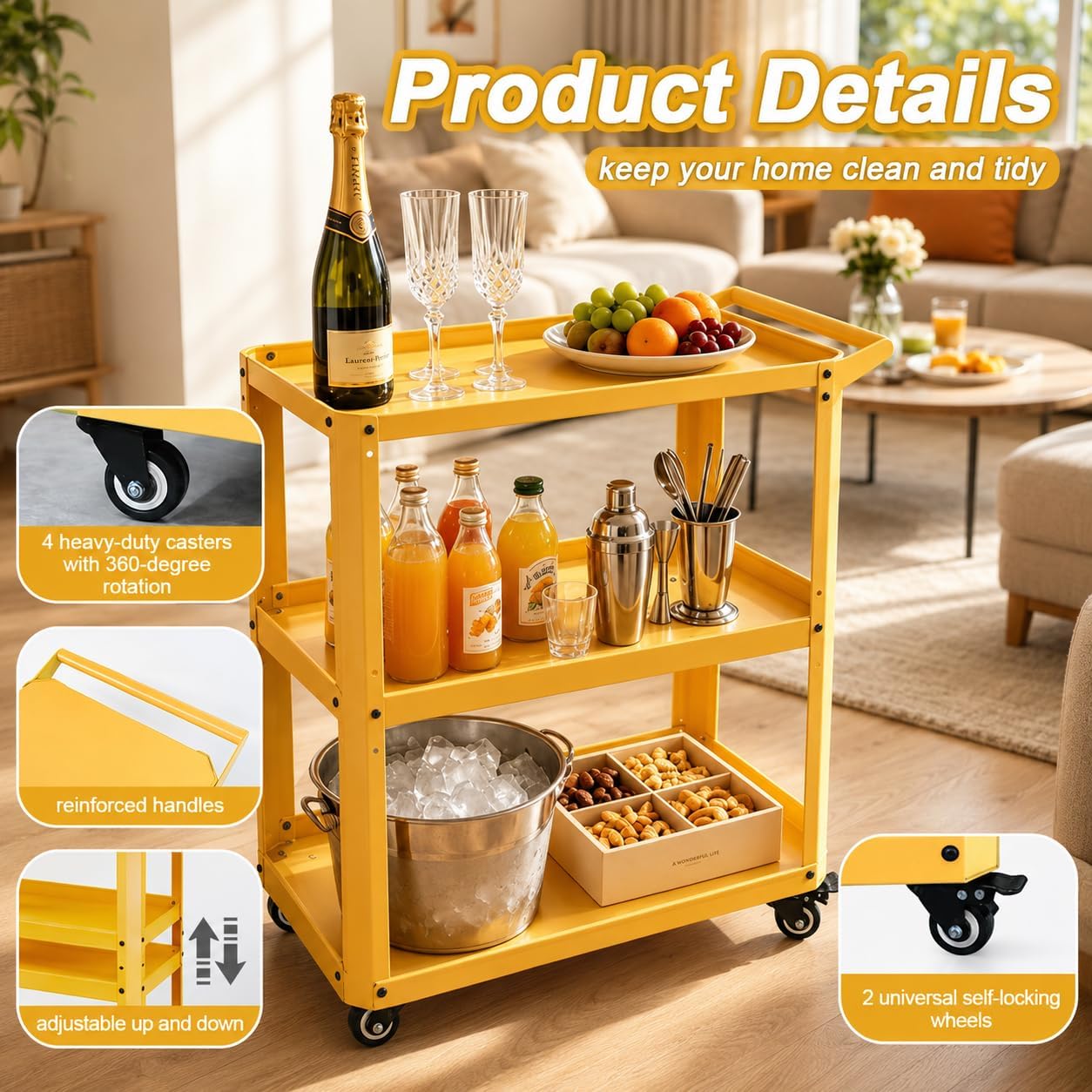 3 Tier Metal Utility Rolling Cart with Wheels, Yellow | Heavy Duty Storage Organizer, 330Lbs Capacity, Multi-Purpose, For Kitchen, Bathroom, Office, Bedroom