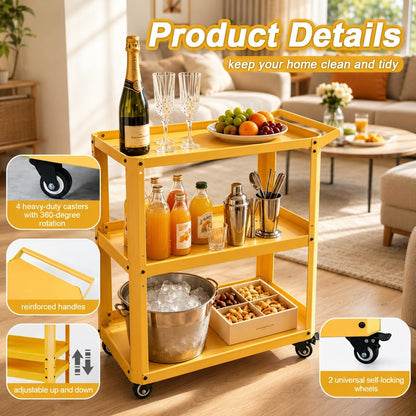3 Tier Metal Utility Rolling Cart with Wheels, Yellow | Heavy Duty Storage Organizer, 330Lbs Capacity, Multi-Purpose, For Kitchen, Bathroom, Office, Bedroom