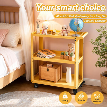 3 Tier Metal Utility Rolling Cart with Wheels, Yellow | Heavy Duty Storage Organizer, 330Lbs Capacity, Multi-Purpose, For Kitchen, Bathroom, Office, Bedroom