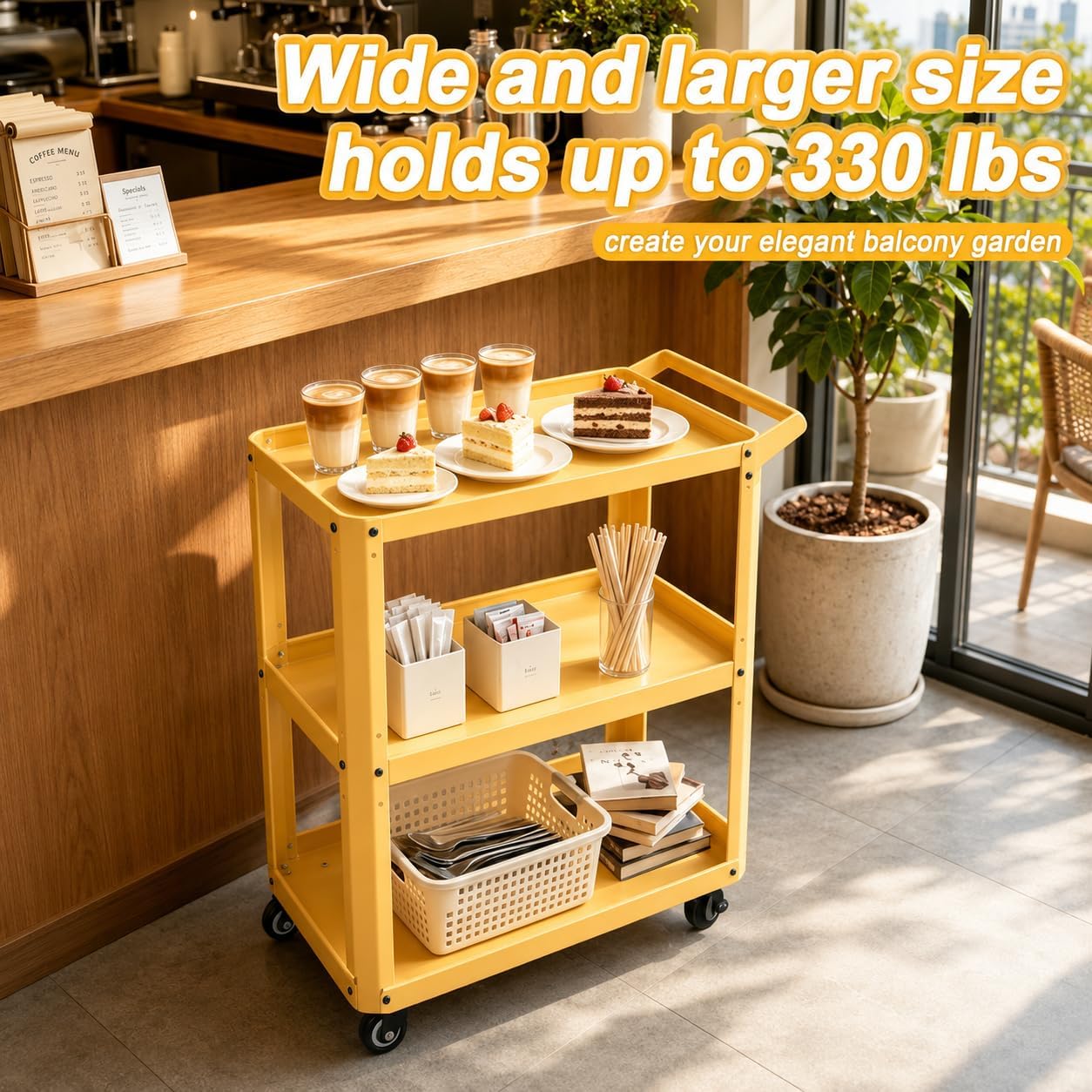 3 Tier Metal Utility Rolling Cart with Wheels, Yellow | Heavy Duty Storage Organizer, 330Lbs Capacity, Multi-Purpose, For Kitchen, Bathroom, Office, Bedroom