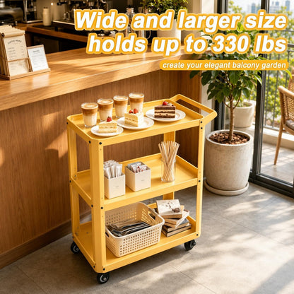 3 Tier Metal Utility Rolling Cart with Wheels, Yellow | Heavy Duty Storage Organizer, 330Lbs Capacity, Multi-Purpose, For Kitchen, Bathroom, Office, Bedroom
