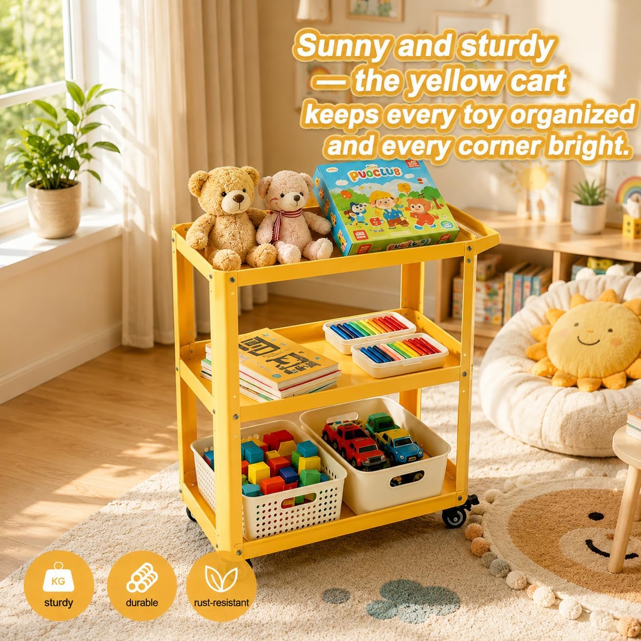 3 Tier Metal Utility Rolling Cart with Wheels, Yellow | Heavy Duty Storage Organizer, 330Lbs Capacity, Multi-Purpose, For Kitchen, Bathroom, Office, Bedroom