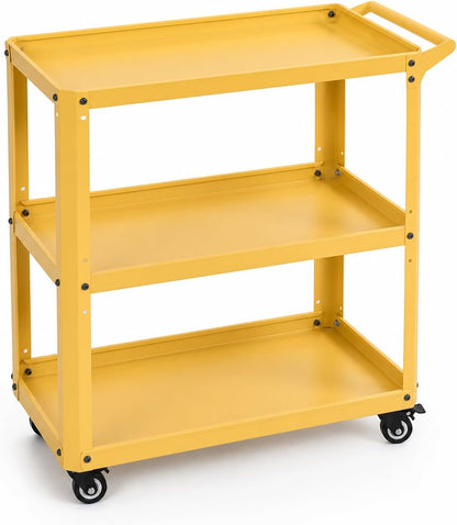 3 Tier Metal Utility Rolling Cart with Wheels, Yellow | Heavy Duty Storage Organizer, 330Lbs Capacity, Multi-Purpose, For Kitchen, Bathroom, Office, Bedroom