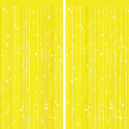 Yellow Fringe Curtains 2 Pack, Tinsel Backdrop for Party Decorations | Bright Metallic Foil Finish, Self Adhesive Peel & Stick, Photo Booth Backdrop, Easter Birthday Baby Shower Summer Party Decor