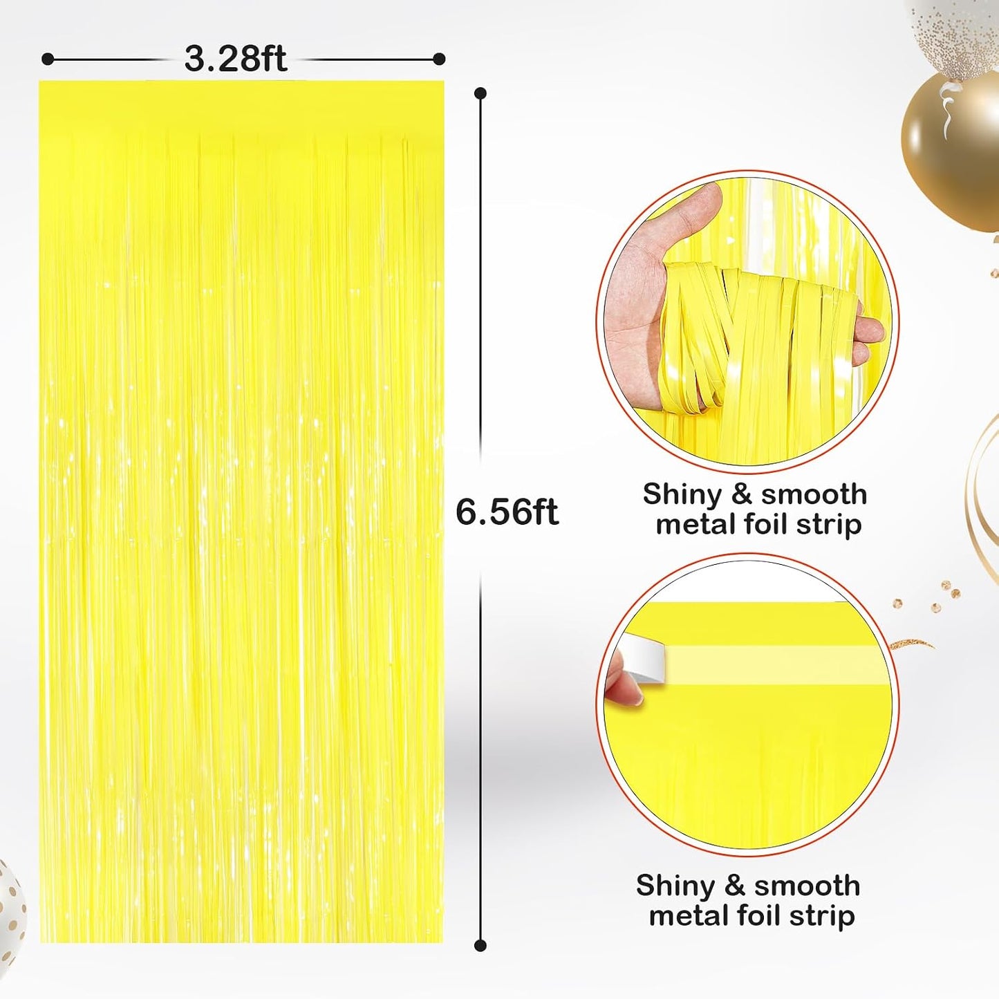 Yellow Fringe Curtains 2 Pack, Tinsel Backdrop for Party Decorations | Bright Metallic Foil Finish, Self Adhesive Peel & Stick, Photo Booth Backdrop, Easter Birthday Baby Shower Summer Party Decor